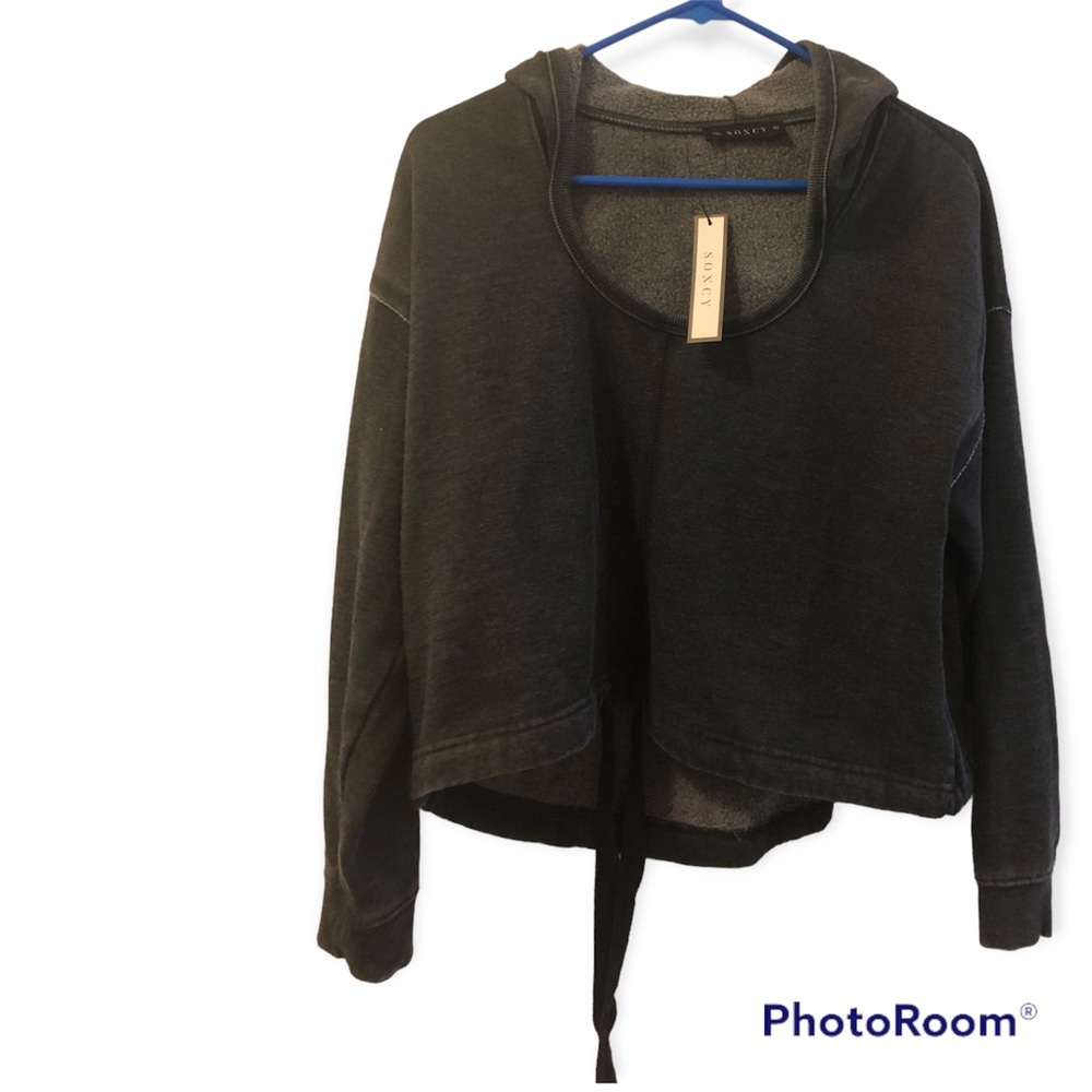 NWT Soncy Womens Washed Black U-Neck Cropped Hoodie SIZE 2